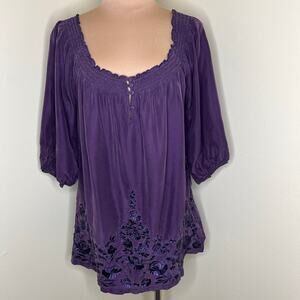 Blue Tassel Silk Top Large Womens Peasant Purple Embroidered Smocked Blouse Chic